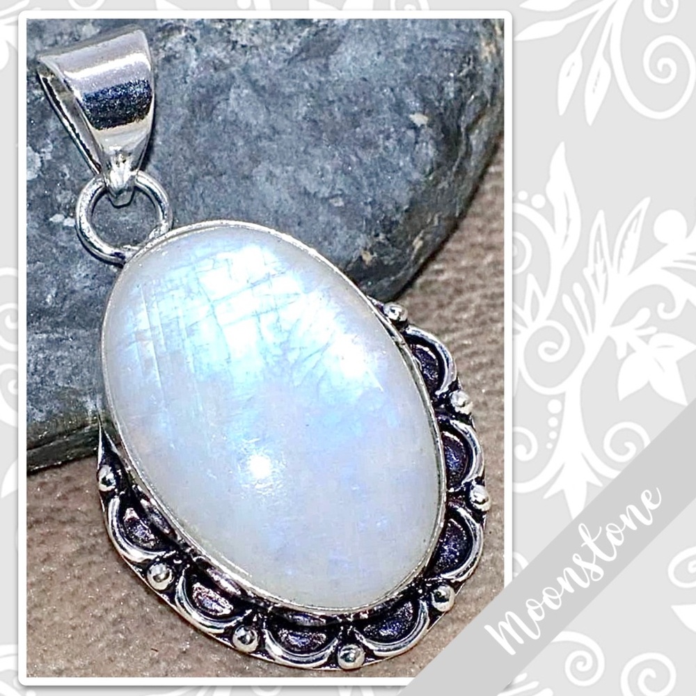 Rainbow Moonstone Large Silver Artisan Pendant, 1.4” (Turquoise, Blue-Violet)